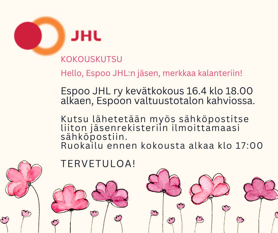 Kuvan alalaidassa vaalenpunaisia pirrettyjä kukkia, kuva tekstissä on kutsu yhdistyksen kevätkokouseen