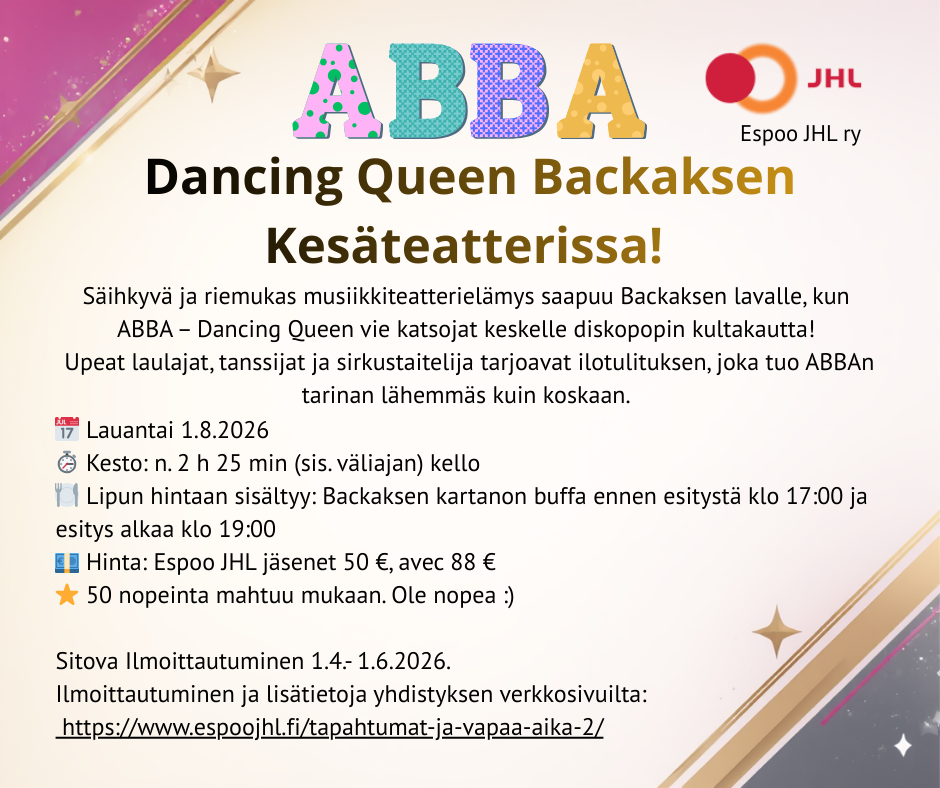 Kuvassa on tekstiä jossa esitellään ABBA- musikaalian esitystä.