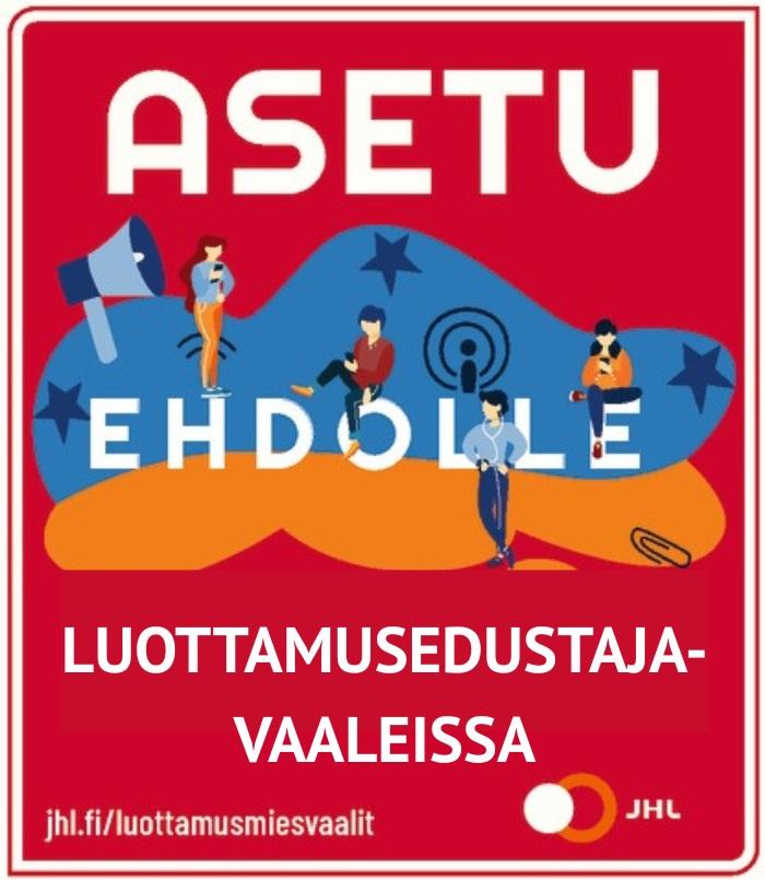 Piirrettykuva jossa kehotetaan sattumaan ehdolle luottamumsmies vaalissa. Ihmisiö seeisokelee ja istuu kirjaintenpäällä.