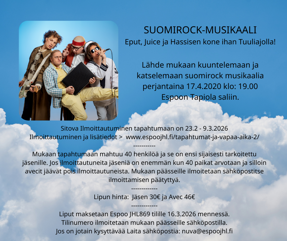 Kuvassa muusikoita soittimiensa kanssa. kuva on mainos SuomiRock musikaaliin