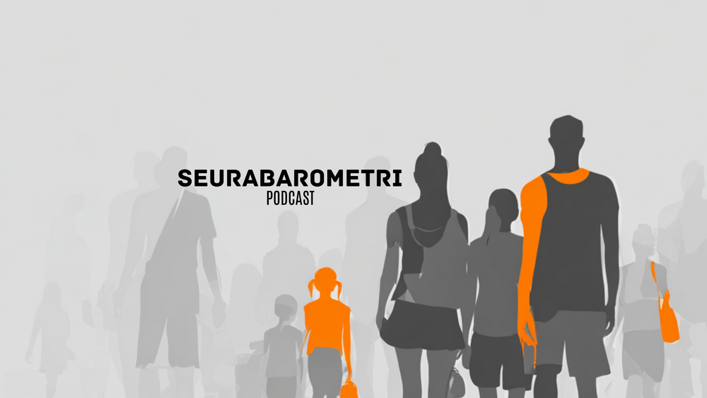 Seurabarometri-podcastin teemakuva. Harmaita ja oransseja ihmissilhuetteja kävelemässä.