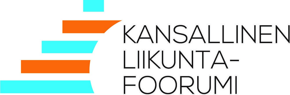 Kuvassa kansallisen liikuntafoorumin logo. Logossa vasemmalla sivussa viisi poikittaista sinistä ja ruskeaa kaarevaa palkkia ja teksti kansallinen liikuntafoorumi