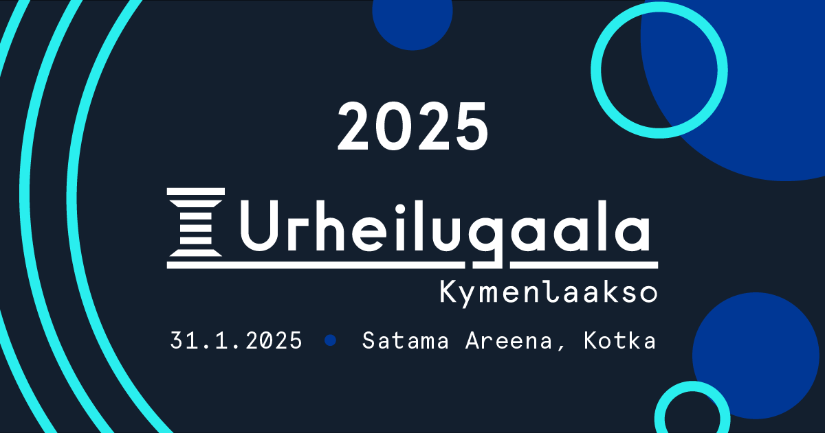 Keskellä 2025 Urheilugaala Kymenlaakso logo. Ja teksti 31.1.2025 Kotkan Satama-Areena. Sivulla vasemmalla kaarevat viivat viittaavat urheilukenttään, mutta samalla myös maakunnan läpi virtaavaan Kymijokeen.  Oikealla renkaita ja palloja viisi kappaletta yksivärisinä. Kolme näistä täydessä värityksessä ja kaksi renkaina