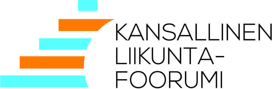 Kuvassa kansallisen liikuntafoorumin logo. Logossa vasemmalla sivussa viisi poikittaista sinistä ja ruskeaa kaarevaa palkkia ja teksti kansallinen liikuntafoorumi