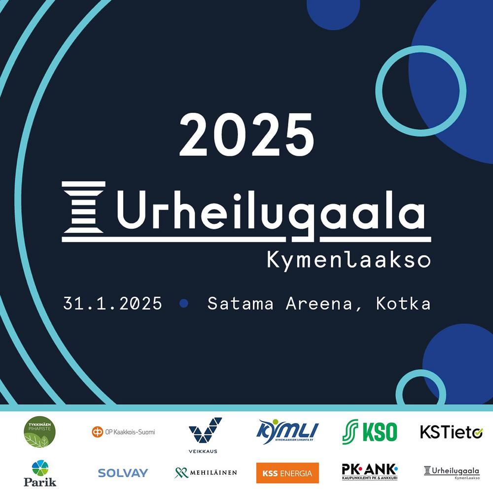 Keskellä 2025 Urheilugaala Kymenlaakso logo. Ja teksti 31.1.2025 Kotkan Satama-Areena. Sivulla vasemmalla kaarevat viivat viittaavat urheilukenttään, mutta samalla myös maakunnan läpi virtaavaan Kymijokeen.  Oikealla renkaita ja palloja viisi kappaletta yksivärisinä. Kolme näistä täydessä värityksessä ja kaksi renkaina