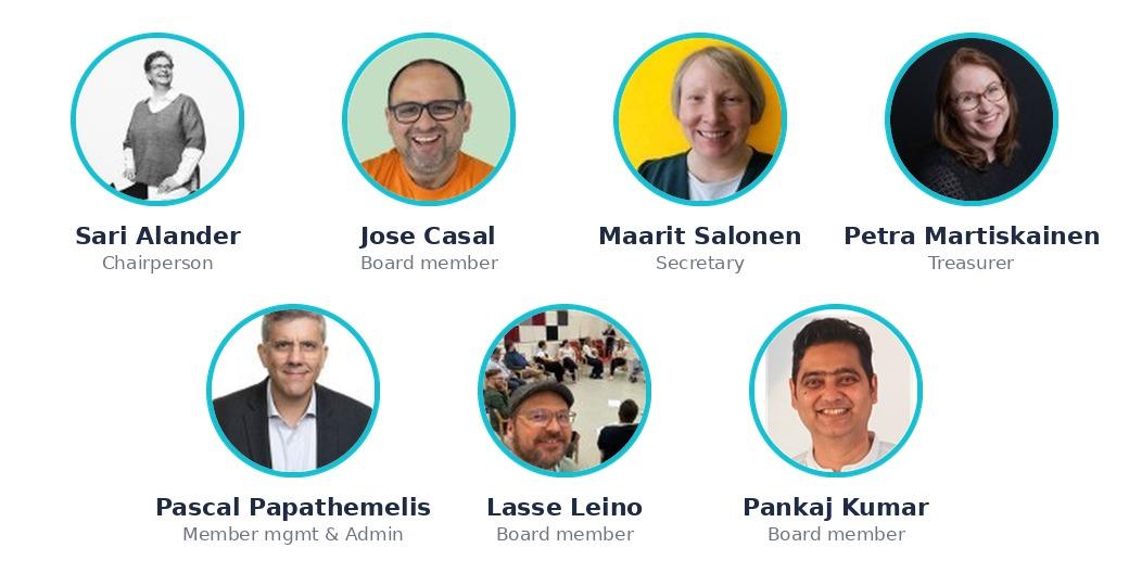 The 2026 Agile Finland board: Sari Alander, Jose Casal, Maarit Salonen, Petra Martiskainen, Pascal Papathemelis, Lasse Leino, and Pankaj Kumar.