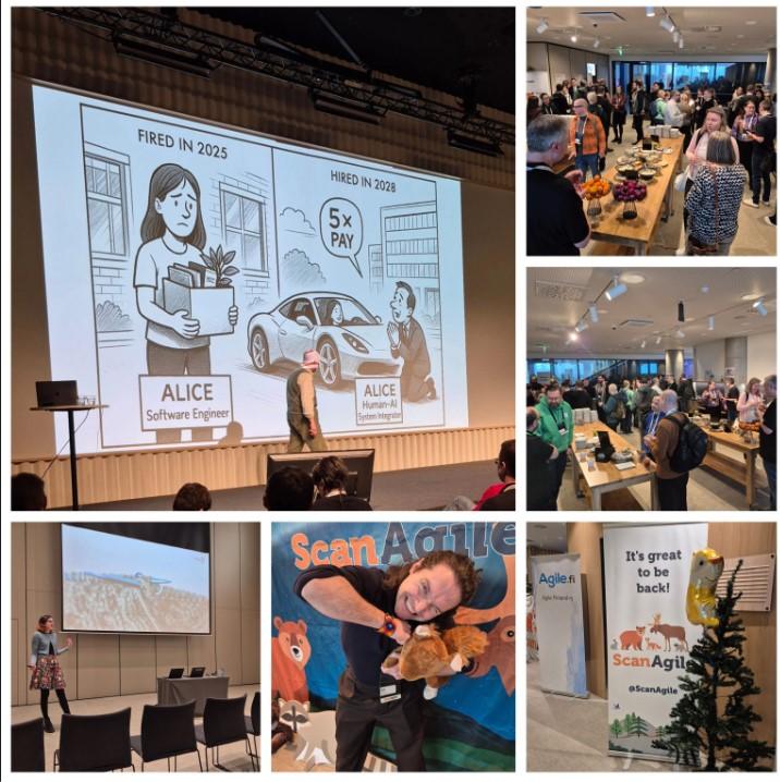 Scenes from ScanAgile 2026 in Helsinki — a keynote presentation and attendees networking.