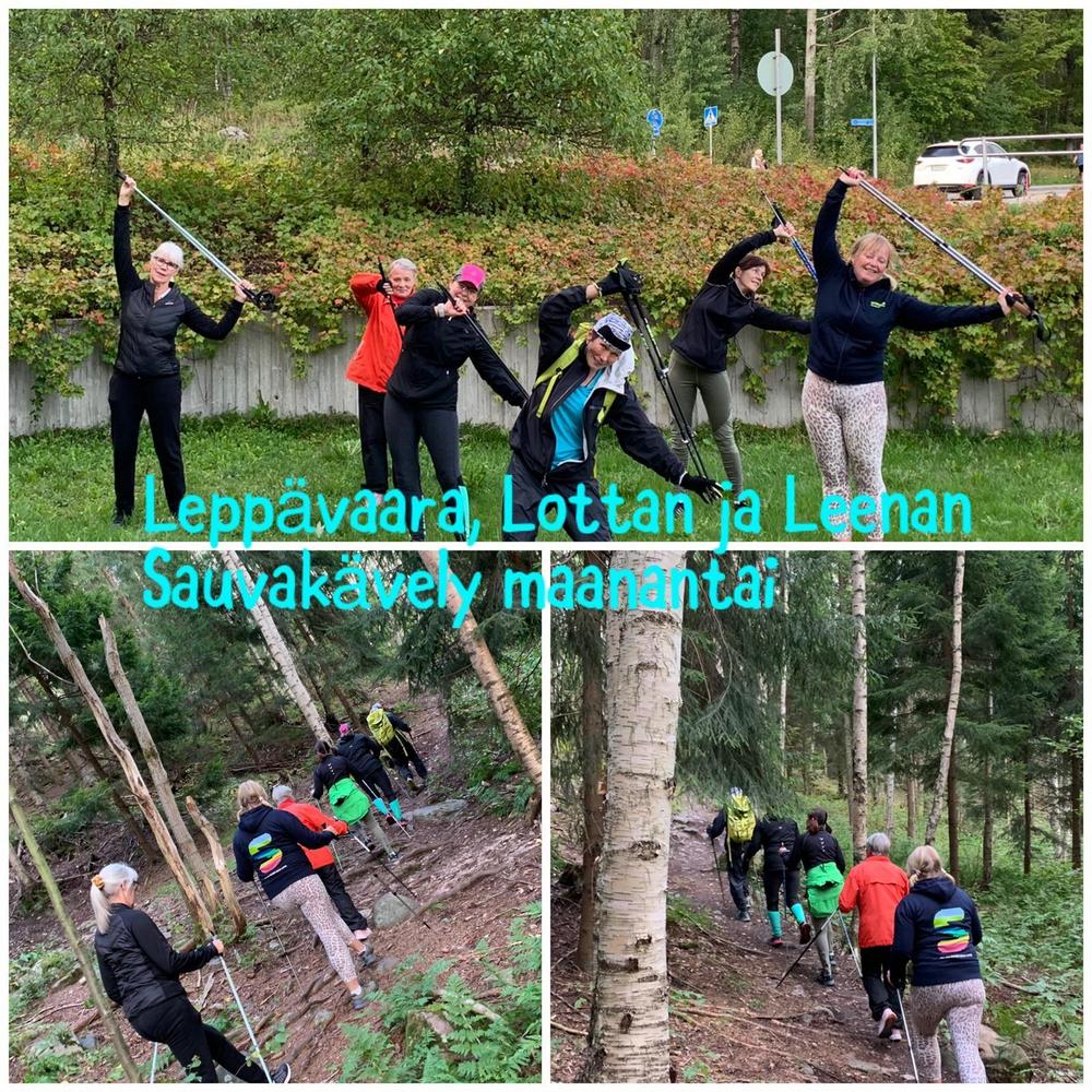 Espoon Latu sauvakävelijät jumppaavat ja rientävät metsäpolulla