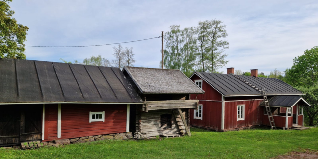 Punaisia hirsirakennuksia kesäisessä maisemassa.