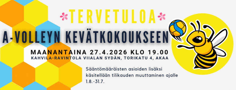 Tervetuloa A-Volleyn kevätkokoukseen sunnuntaina 28.4.2024 klo 15. Käsitellään sääntömääräiset asiat.