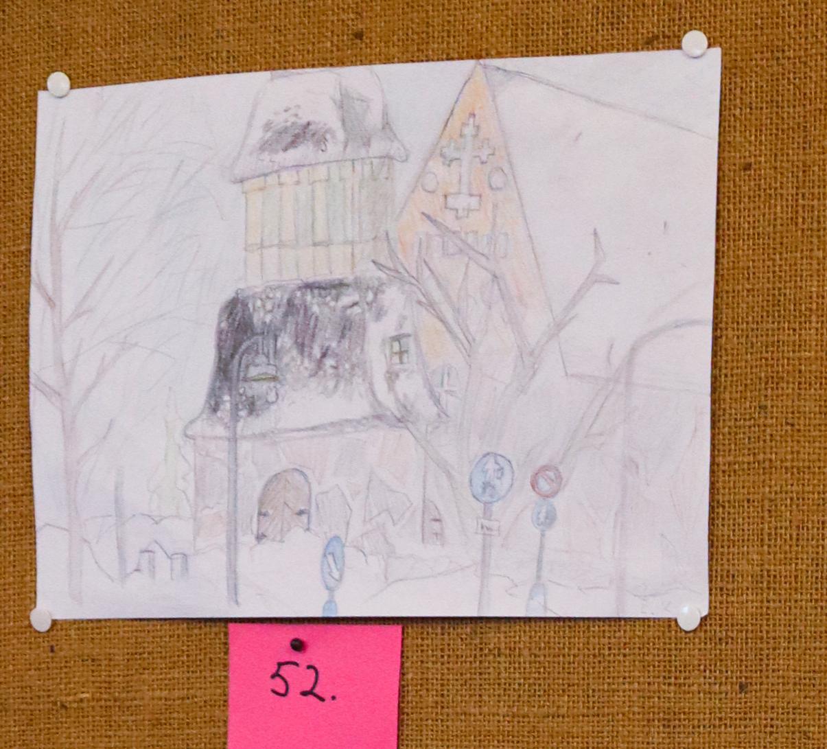 Elena Kuusanmaan voittoisa piirustus kuvaa Lammin kirkkoa.