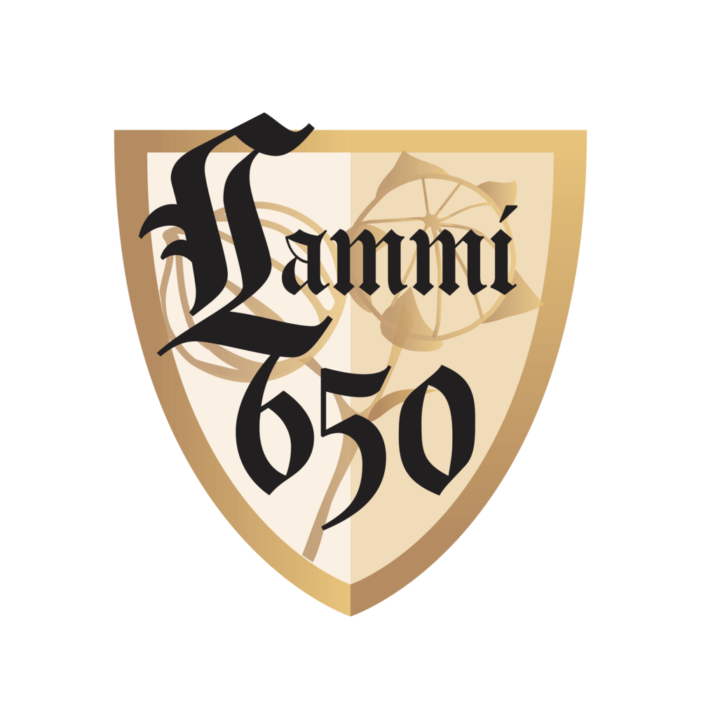 Logo on kilven muotoinen, tekstinä Lammi 650 ja taustakuvana kaksi pellavasylkkyä.