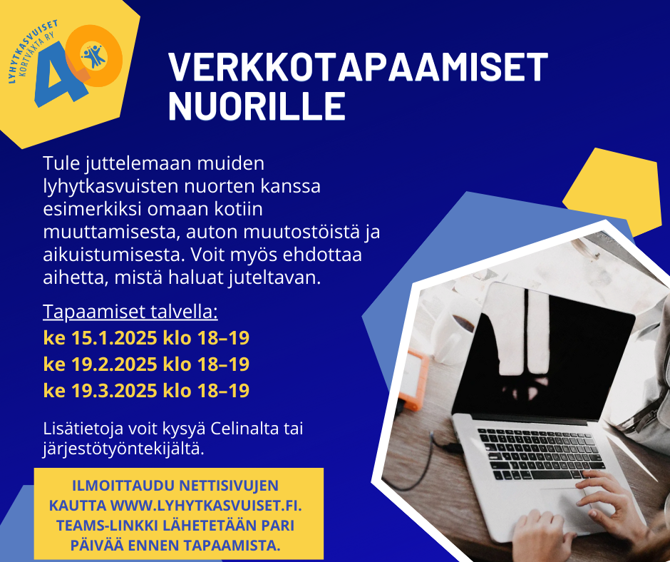 Mainos nuorten verkkotapaamisista. Tapaamiset: 15.1. klo 18-19, 19.2. klo 18-19 ja 19.3. klo 18-19. Ilmoittaudu tällä sivulla. Lisätietoja Celinalta tai järjestötyöntekijältä. 