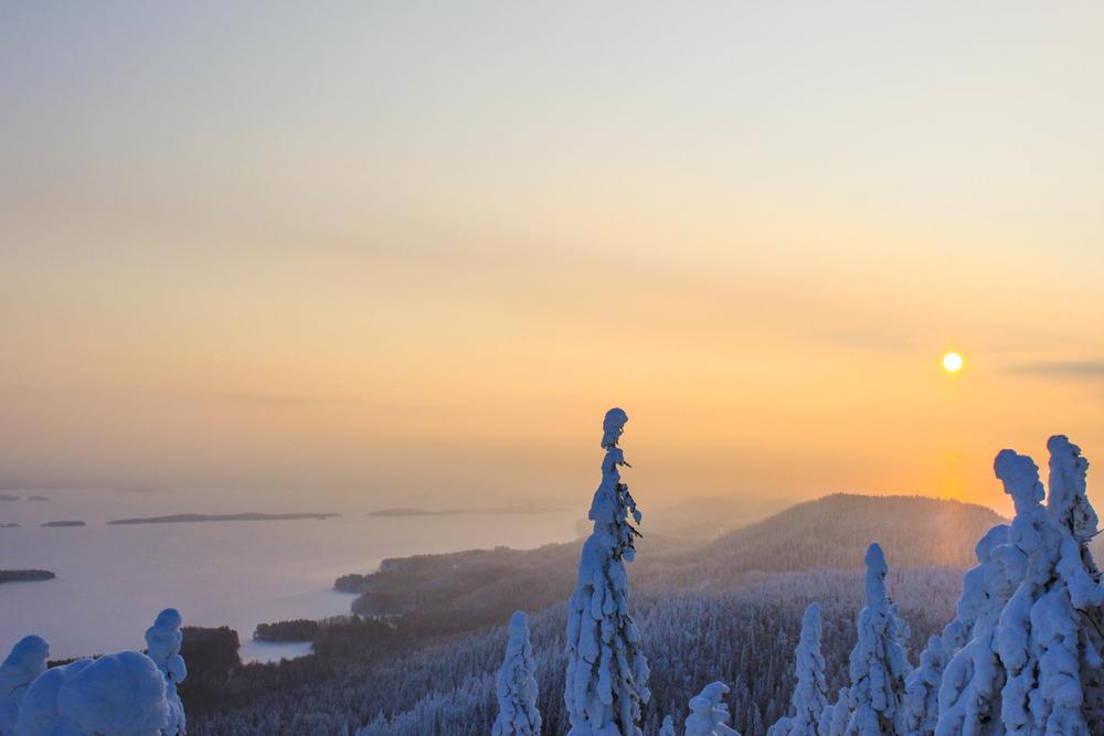 Talvinen maisema, edustalla lumen peittämiä kuusia, taustalla oranssia taivasta vasten metsäistä vaaramaisemaa, vasemmalla jään peittämä vesistö, taivaalla pilviharson takaa paistaa aurinko.