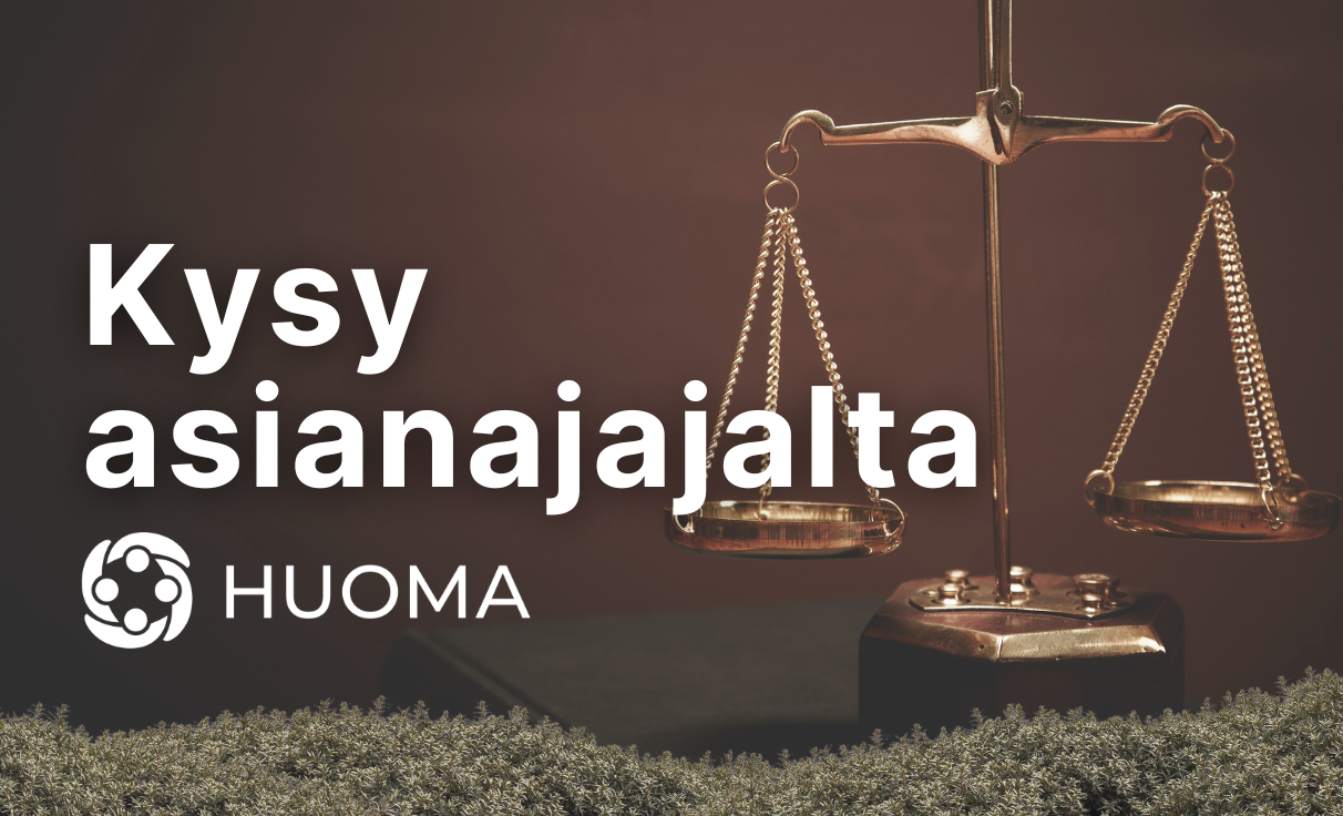 Puisella lankkupinnalla älypuhelin ja pöytätietokone jonka kansi on avattu, kuvan päällä haalea lakipykälämerkki ja teksti Kysy lakimieheltä.