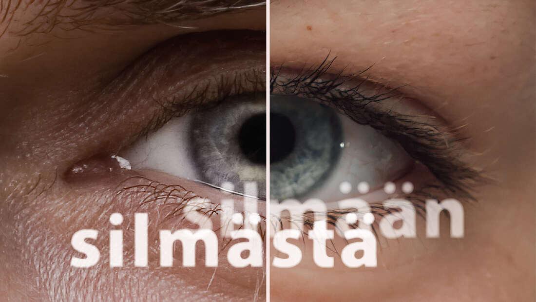 Silmästä silmään -dokumentin kuva jossa kahden eri henkilön silmistä muodostuu yksi silmä, silmän alla dokumentin nimi.