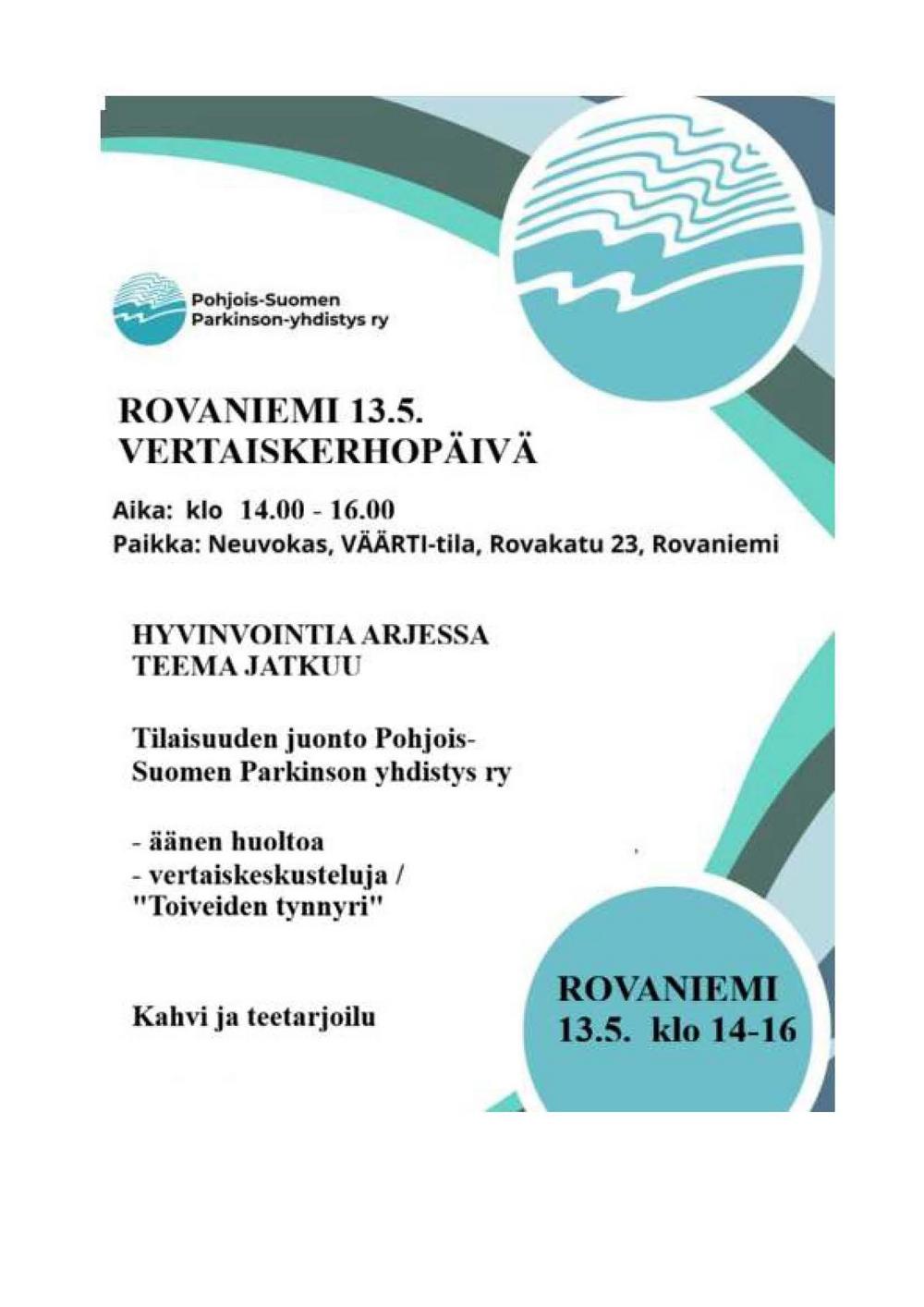 Hyvinvointia arkeen -tapahtuma jatkuu Rovaniemellä 13.5. klo 14.00-16.00