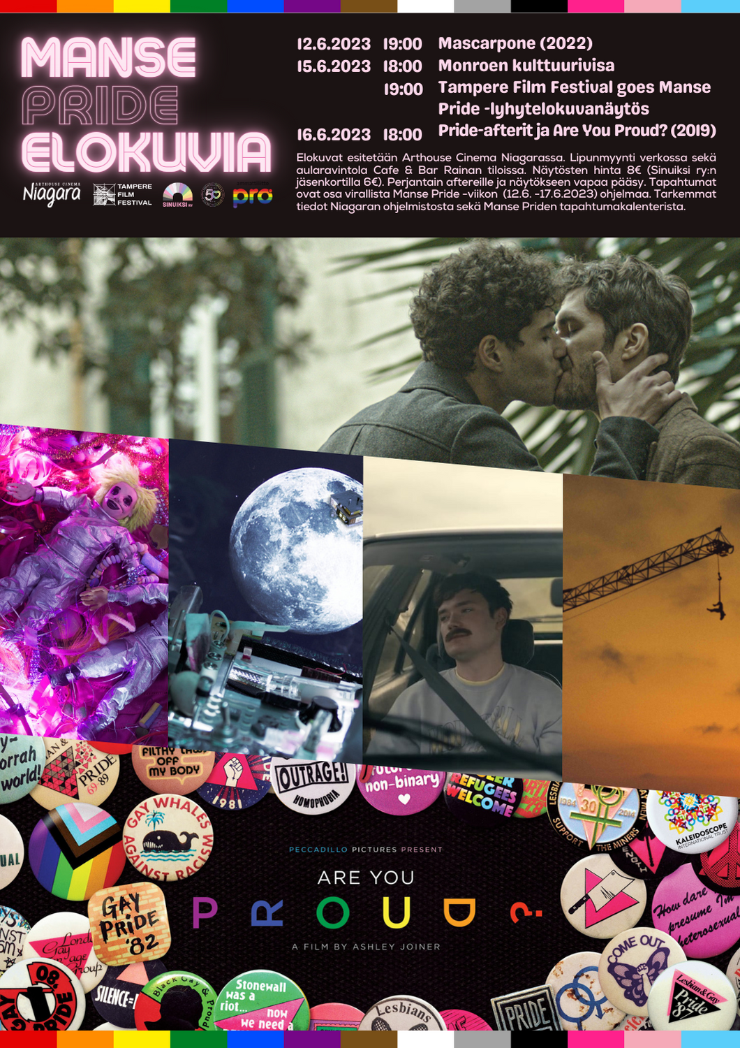 Manse Pride -elokuvien juliste jossa näytösten tietoja ja kuvia elokuvista.