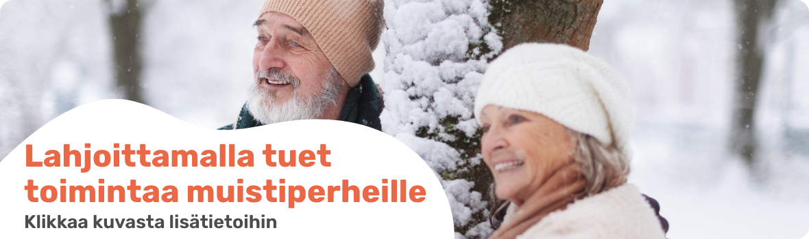 Seniori-ikäinen pariskunta ja teksti jossa kerrotaan lahjoittamisesta kuvaa klikkaamalla lisätietoja. 