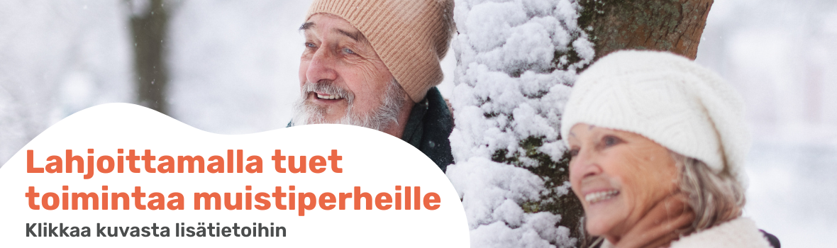 Seniori-ikäinen pariskunta ja teksti jossa kerrotaan lahjoittamisesta kuvaa klikkaamalla lisätietoja. 