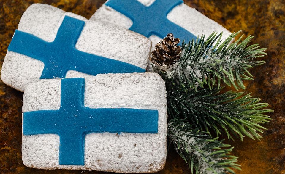 Suomen lippu -pikkuleipiä ja kuusenoksa