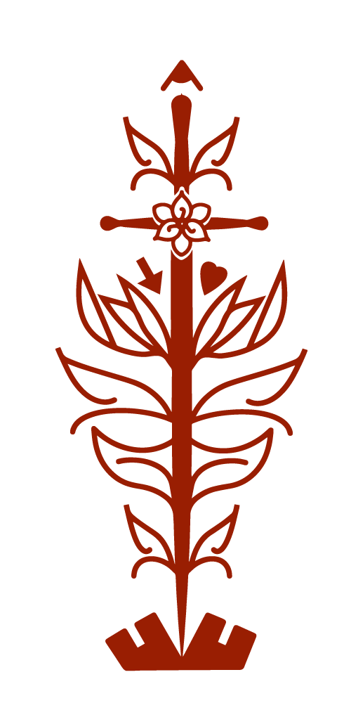 Gladiolus School of Arms logo: a stylized image including a longsword, the symbols from the Fiore segno (calipers, heart, arrow, tower) and gladiolus leaves and flowers.