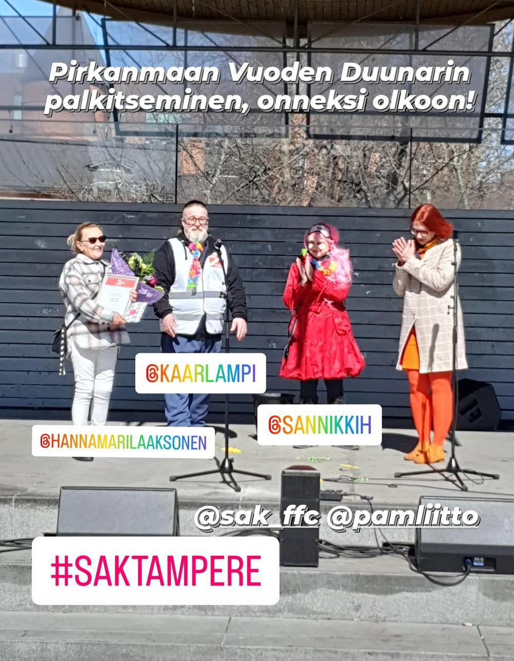 SAK palkitsi Vuoden duunarin Pirkanmaalla Tampereen Vappu -tapahtumassa Laikunlavalla 2023. Kuva: Sami Kaita (@sak_tapj -Instagram-tililtä)