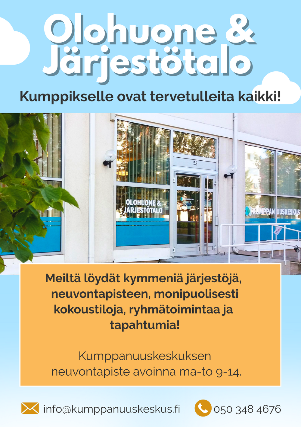 Kumppanuuskeskuksen esite:
Kumppikseen ovat tervetulleita kaikki. 
Tiloissamme järjestetään viikoittain kymmeniä järjestöjen kokouksia, ryhmiä, koulutuksia, tapahtumia ja paljon muuta.
Neuvontapiste:
Kirjanvaihtopiste, päivän lehti, lautapelejä, kahvila ja ryhmätoimintaa.
Kokoustilat:
Useita vuokrattavia tiloja.
Löydät talosta yli 40 järjestötoimijaa.