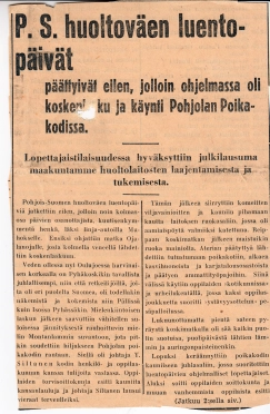 Vanha uutisleike otsikolla "Pohjois Suomen huoltoväen luentopäivät päättyivät eilen, jolloin ohjelmassa oli koskenlasku ja käynti Pohjolan Poikakodissa."