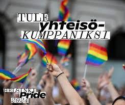 Text Bli en samarbetspartner med Helsinki Pride 2024! 
Bild Tiotals glada regnbågsflaggor vajas i hand