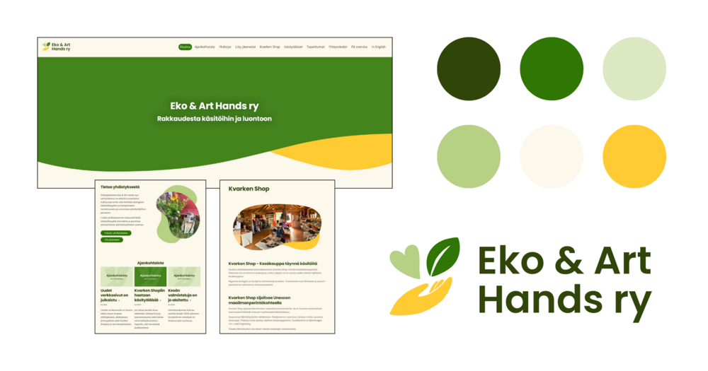 Kuvakaappauksia Eko & Art Hands ry:n visuaalisesta ilmeestä sekä logo ja värimaailma.