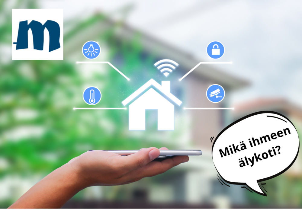 Käsi pitelee älypuhelinta ja puhelimesta nousee erilaisia kuvakkeita: lukko, lamppu, lämpömittari ja kamera.