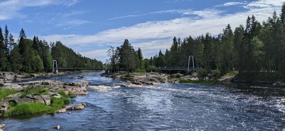 Kuvan keskellä virtaan lähes luonnontilainen koski (Koitelinkoski). Kosken molemmilla rannoilla on tiheä metsä. Kuvassa näkyy myös Koitelinkosken yli rakennettu kävelysilta. 