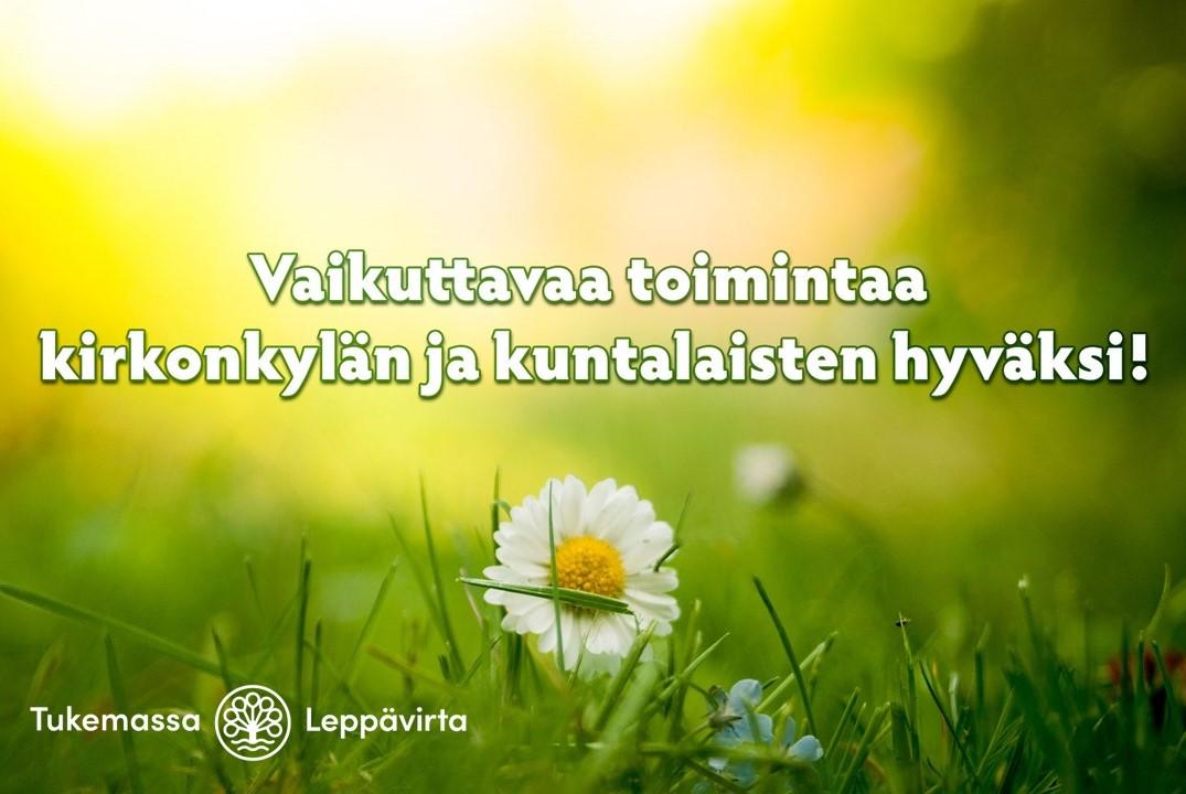 Aurinkoinen sää. Lähikuva nurmikosta, jossa päiväkakkarakukka. Keskellä teksti 'Vaikuttavaa toimintaa kirkonkylän ja kuntalaisten hyväksi! Vasemmassa alanurkassa teksti 'Tukemassa Leppävirta'.