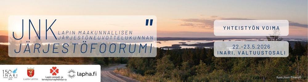 Etusivun yläbanneri, jossa on mainos Lapin maakunnallisen järjestöneuvottelukunnan järjestöfoorumista Inarissa toukokuussa. Kuvan ottanut Jouni Männistö