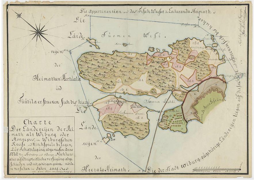 Monrepon alueen ja ympäristön kartta 1801. Lähde Museovirasto.