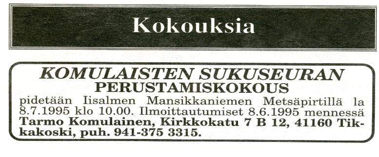 Lehti-ilmoitus Komulaisten sukuseuran järjestäytymiskokouksesta vuodelta 1995.