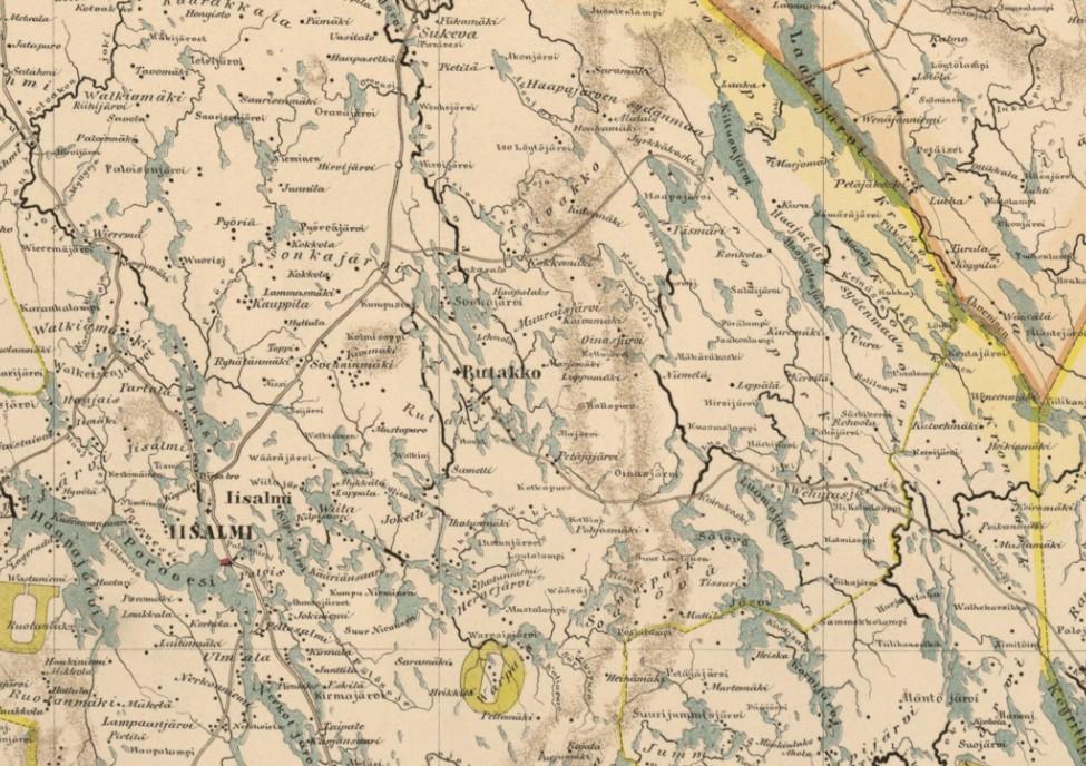 Kartta Ylä-Savosta vuodelta 1863.