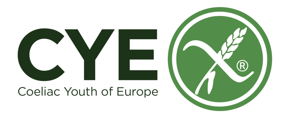 Coeliac Youth of Europen logo, jossa teksti CYE, Coeliac Youth of Europe ja vieressä ympyrän sisällä gluteenittoman tuotteen merkki.