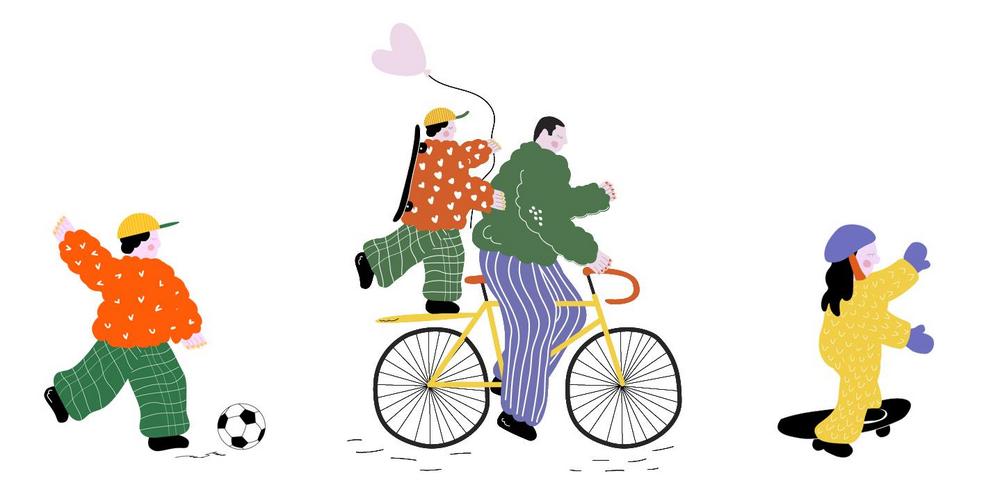 Piirroskuva, jossa lapsi jalkapalloilee, toineen skeittaa, mieskaveri ja lapsi ajavat pyörällä. Piirroskuvat: Lotta Frisk.