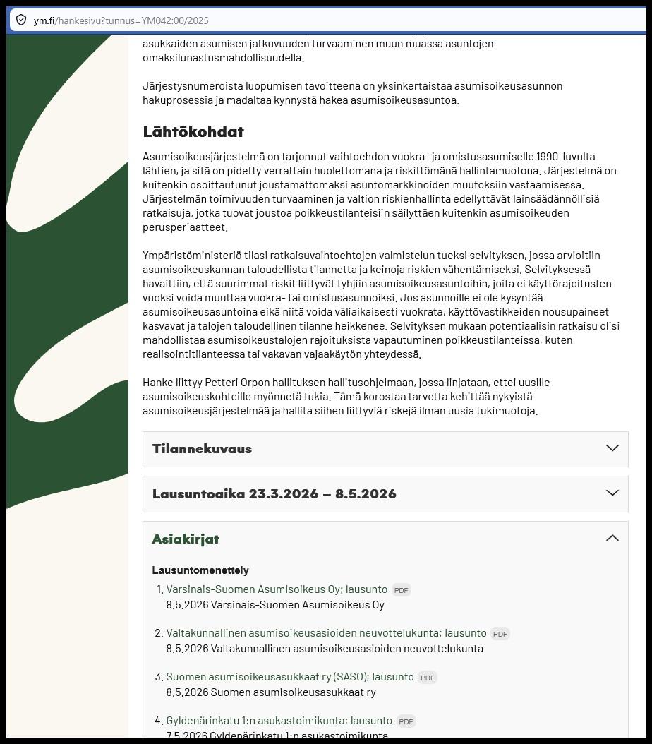 Lausunnot Ympäristöministeriön lakimuutoksen hankesivuilla
