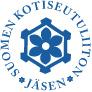 Suomen Kotiseutuliiton jäsen -logo. Sininen kukka sinisen kuusikulmion keskellä, ympärillä ympyrän kaaressa teksti "Suomen Kotiseutuliiton Jäsen".