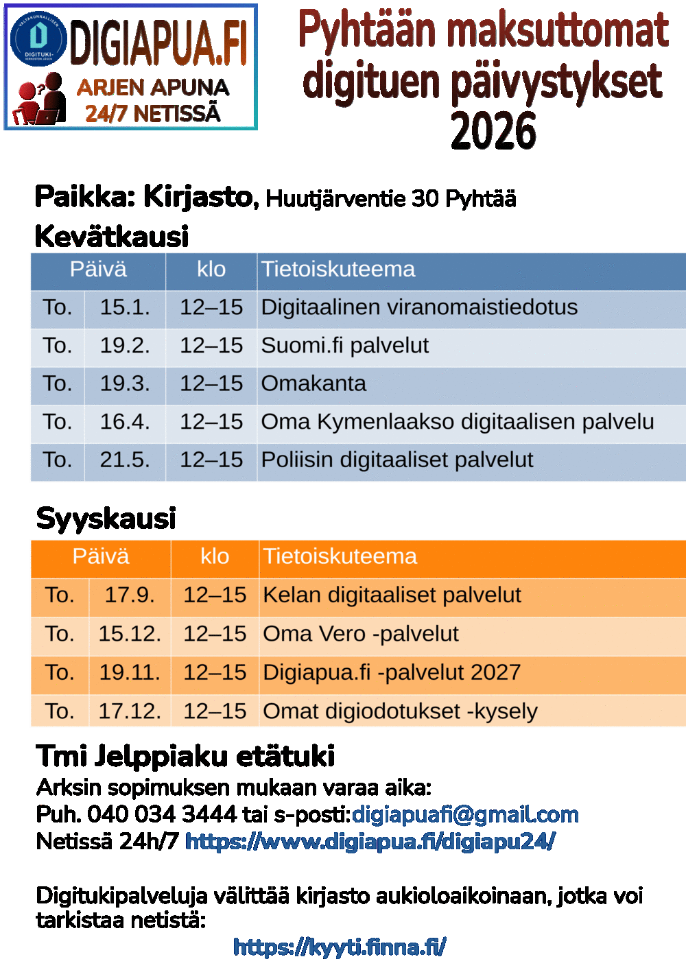 Päivä	klo	        Tietoiskuteema
To.	15.1.	10–15	Digitaalinen viranomaistiedotus
To.	19.2.	10–15	Suomi.fi palvelut
To.	19.3.	10–15	Omakanta
To.	16.4.	10–15	Oma Kymenlaakso digitaalisen palvelu 
To.	21.5.	10–15	Poliisin digitaaliset palvelut
To.	17.9.	10–15	Kelan digitaaliset palvelut
To.	15.10.	10–15	Oma Vero -palvelut
To.	19.11.	10–15	Digiapua.fi -palvelut 2027
To.	17.12.	10–15	Omat digiodotukset -kysely
