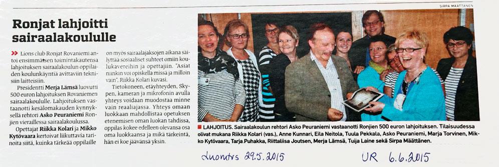 Lehtileike Ronjien sairaalakoululahjoituksesta. Teksti ja ryhmäkuva.