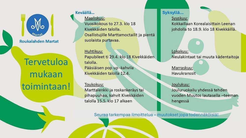 Vuoden 2025 toimintakalenteri:
Vuosikokous to 27.3. klo 18 Kivekkäiden talolla
Papubileet ti 29.4. klo 18 Kivekkäiden talolla
Pääsiäisen pop up -kahvila Kivekkäiden talolla 12.4.
Marttalenkki ja roskankeräys tai pihapuuhaa ja kahvit Kivekkäiden talolla 15.5. klo 17 alkaen.
Kokkaillaan Korealaisittain Leenan johdolla to 18.0. klo 18 Kivekkäiden talolla.
Lokakuussa neulakintaat tai muita kädentaitoja
Marraskuussa havukranssit
Joulukuussa yhteinen jouluruokailu yhdessä tehden vuoden Muutos lautasella -teeman hengessä.