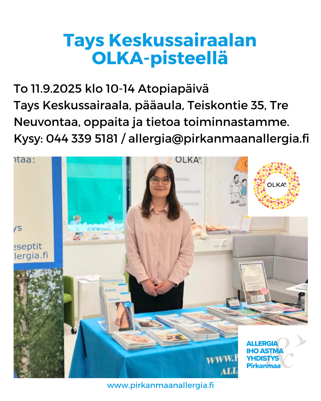 Kuvituskuvana pöydällä allergiaoppaita ja tekstinä tilaisuuden aika ja paikka.