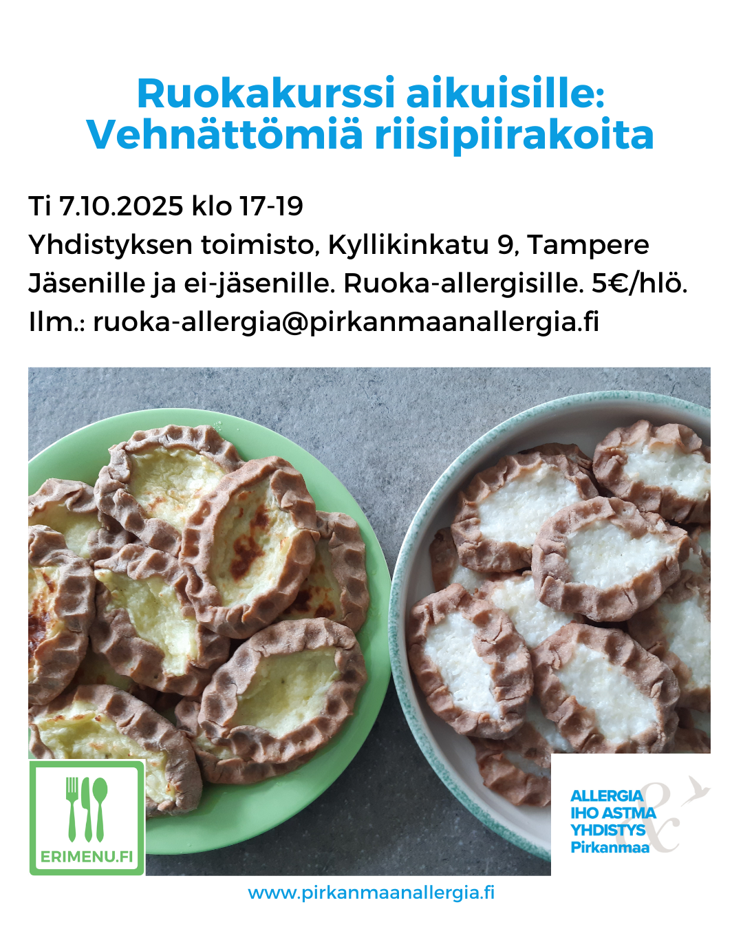 Kuvituskuvana kahdella lautasella itse leivottuja riisipiirakoita ja tekstinä tilaisuuden aika ja paikka.