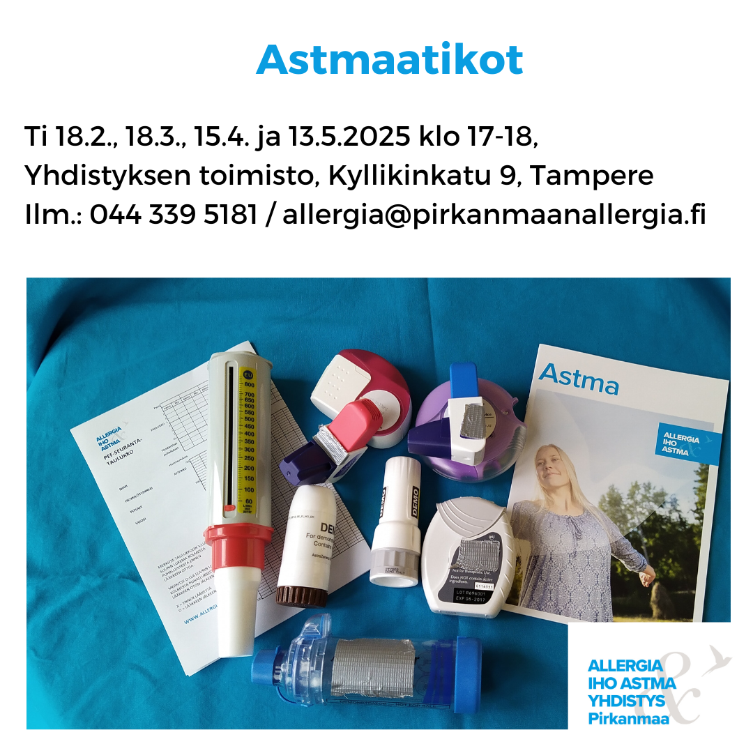 Kuvituskuvana astman hoitoon liittyviä välineitä ja astmaopas. Tekstinä tilaisuuksien ajat ja paikat. 