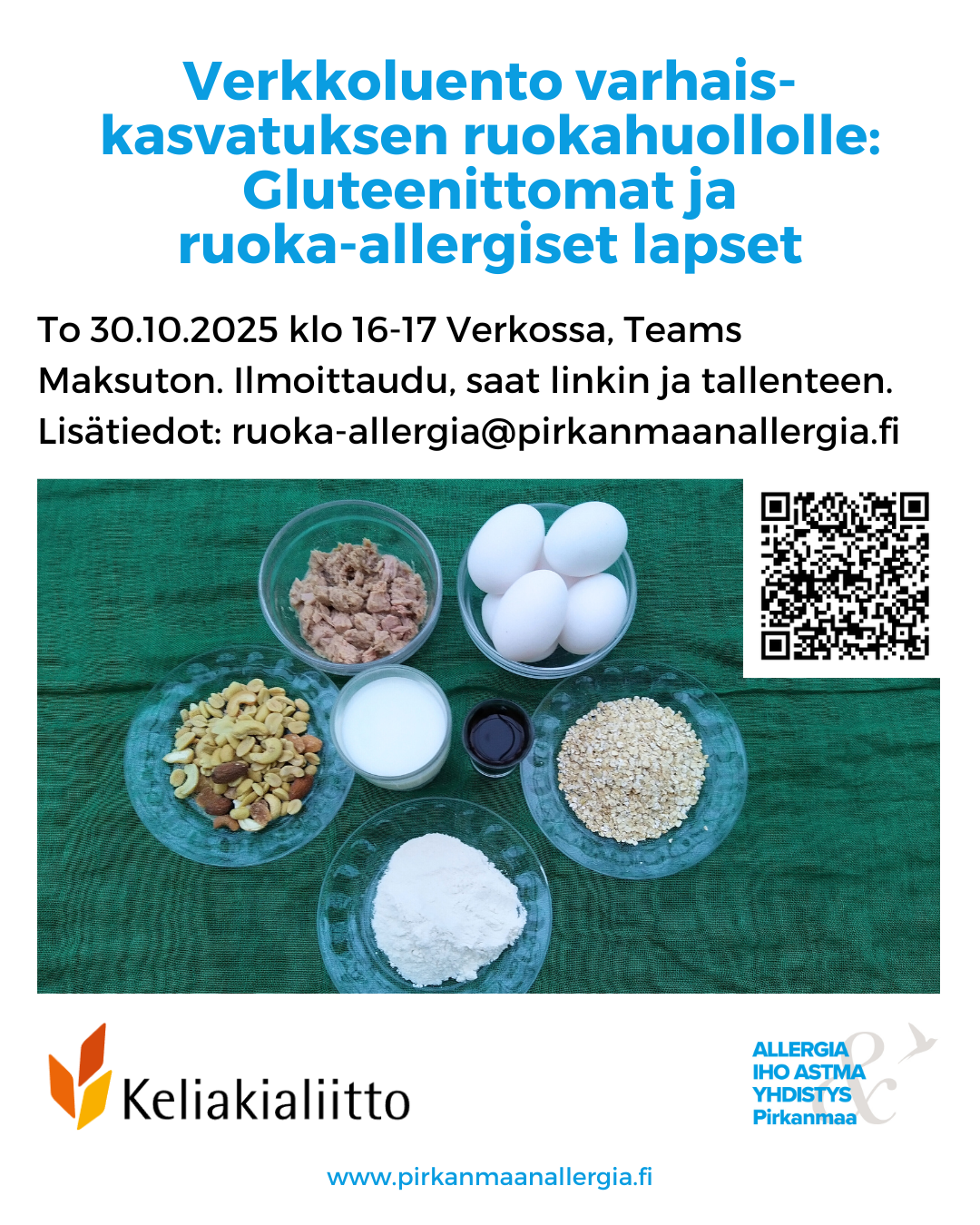 Kuvituskuvana allergeeneja kuten vehnä, maito ja kananmuna pikkuastioissa vihreällä pöydällä ja tekstinä tilaisuuden aika ja paikka.