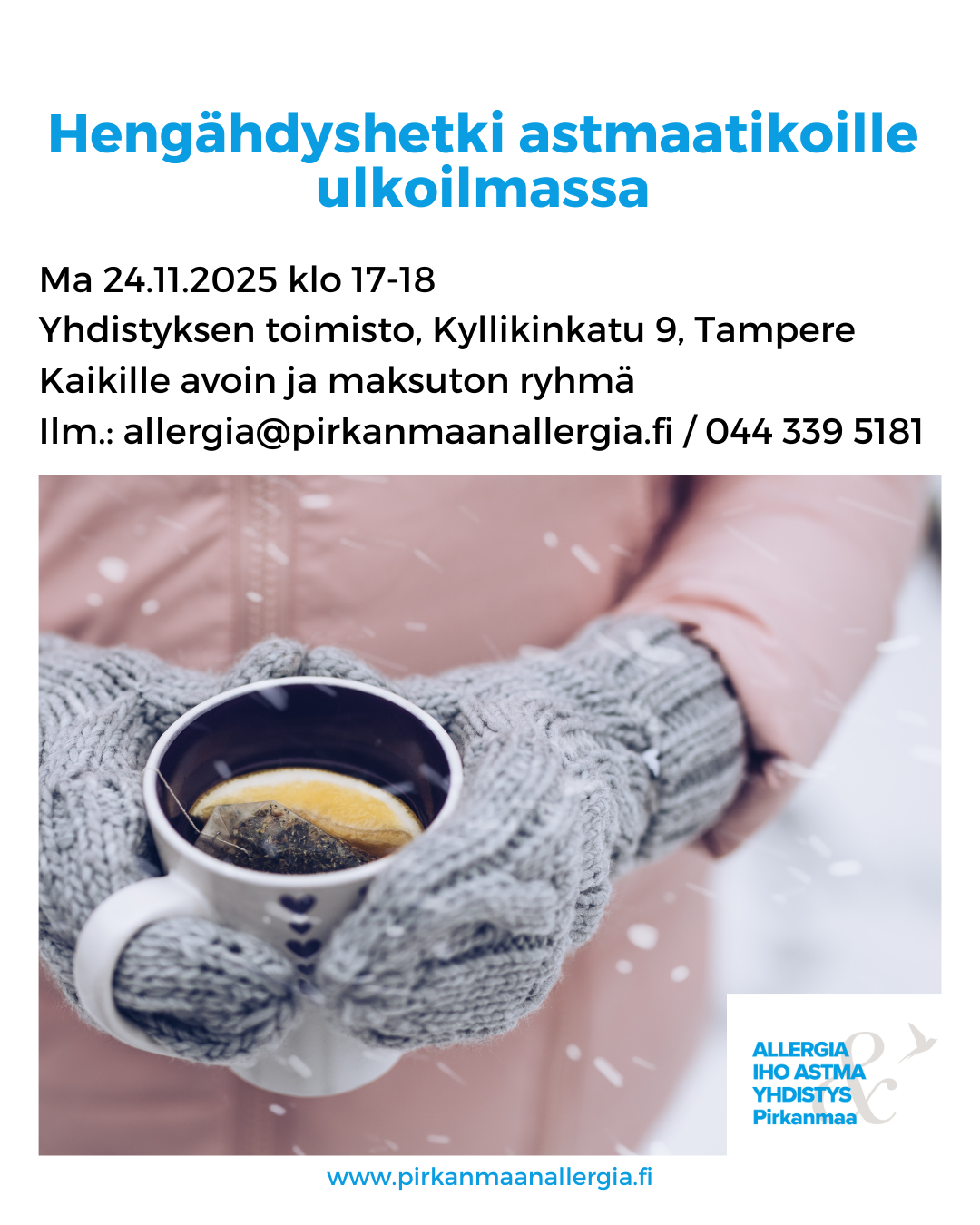 Kuvituskuvassa henkilö pitää teemukia lapaset käsissään ulkona talvisäässä.